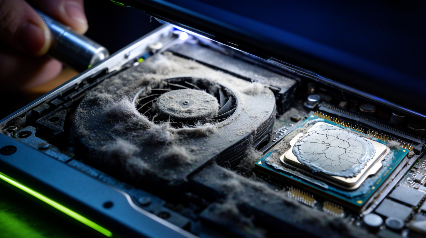Detalle de limpieza interna y disipador de un equipo en reparación