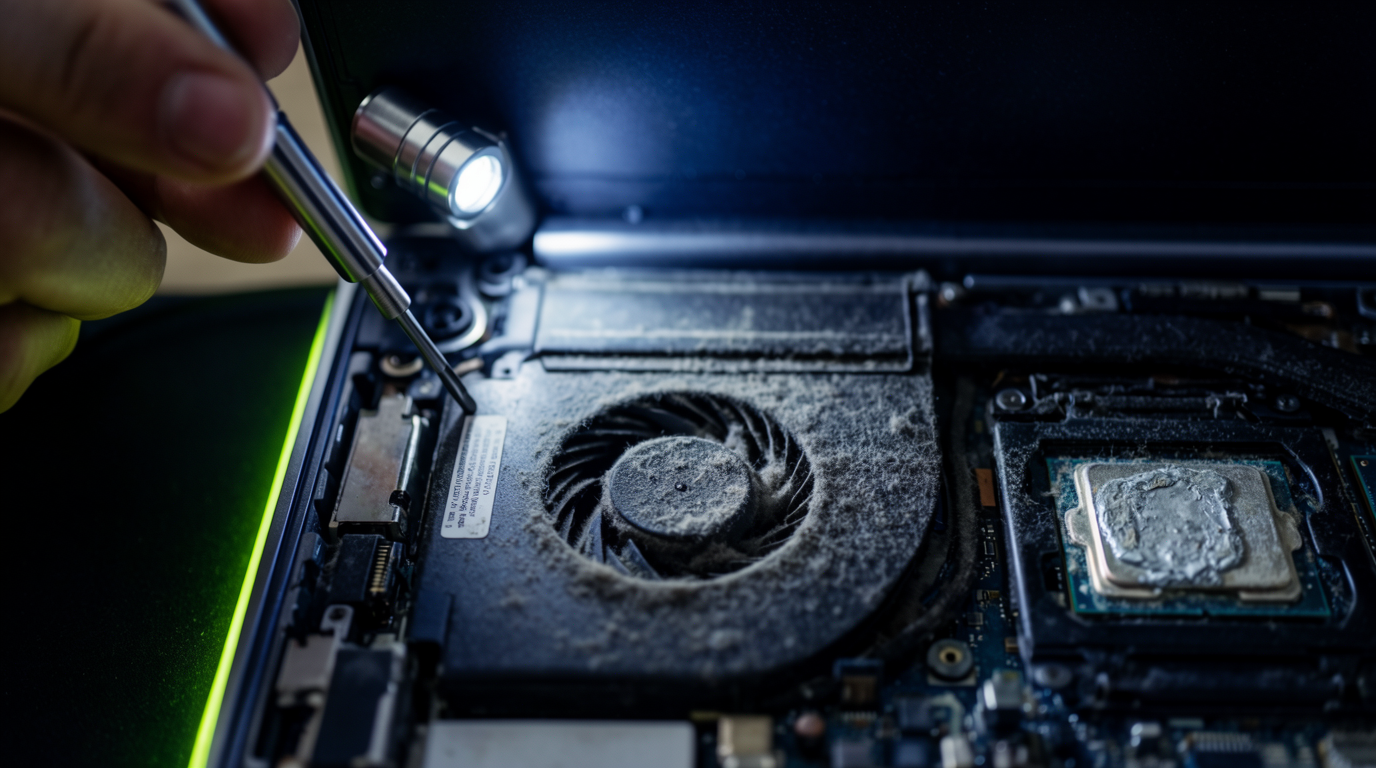 Técnico realizando mantención y limpieza interna de un notebook con linterna